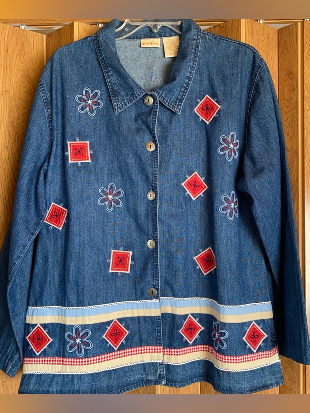 Vintage Bobbie Brooks Embroidered Denim Shirt XL Cottagecore Patchwork Grandma